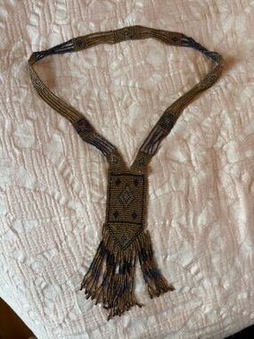 Tribal Beaded Fringe Necklace in Bronze and Navy